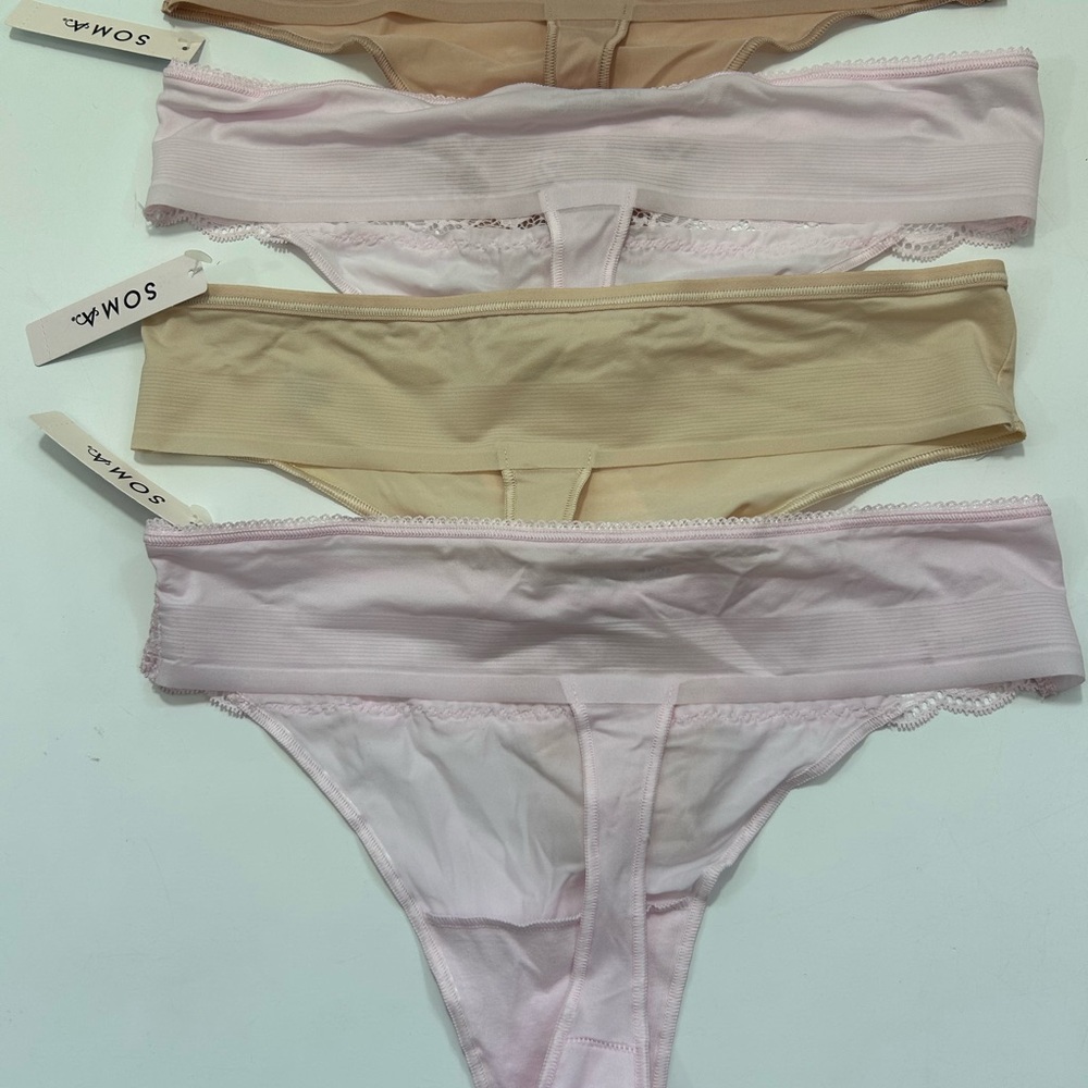 CCO Soma Lace Trim Thong Set of 4- Pink and Tan Panties Large NWT - Picture 2 of 4